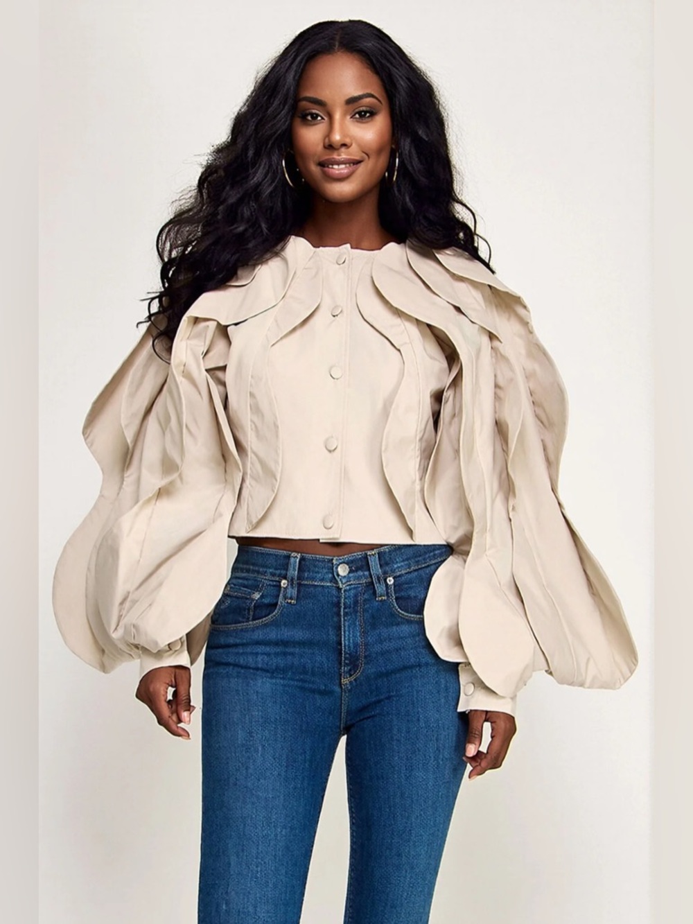 Wavy Ruffle Sculptural Puff Sleeve Button-Front Top